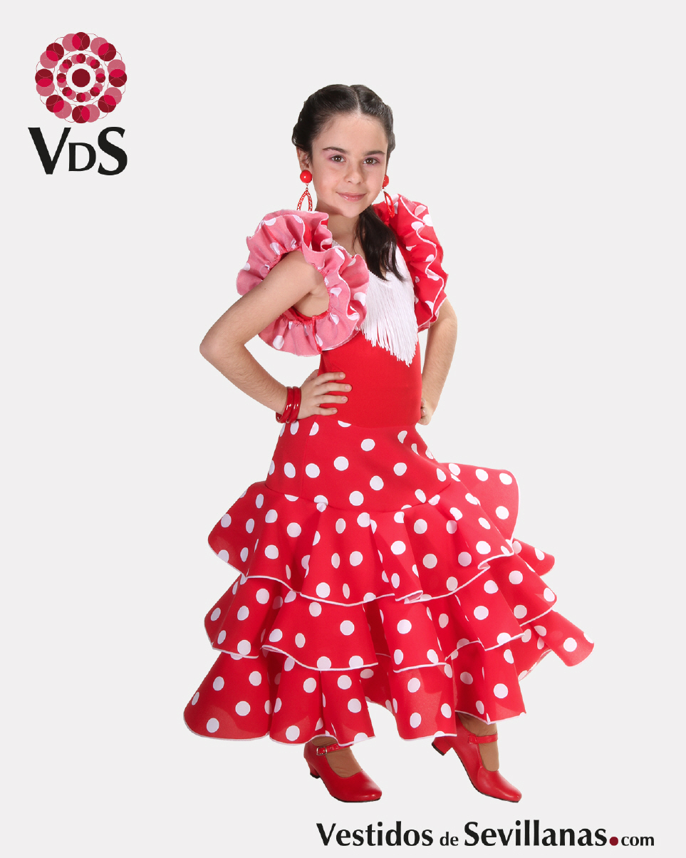 Traje de flamenca largo para ni&ntilde;a, rojo con lunares.